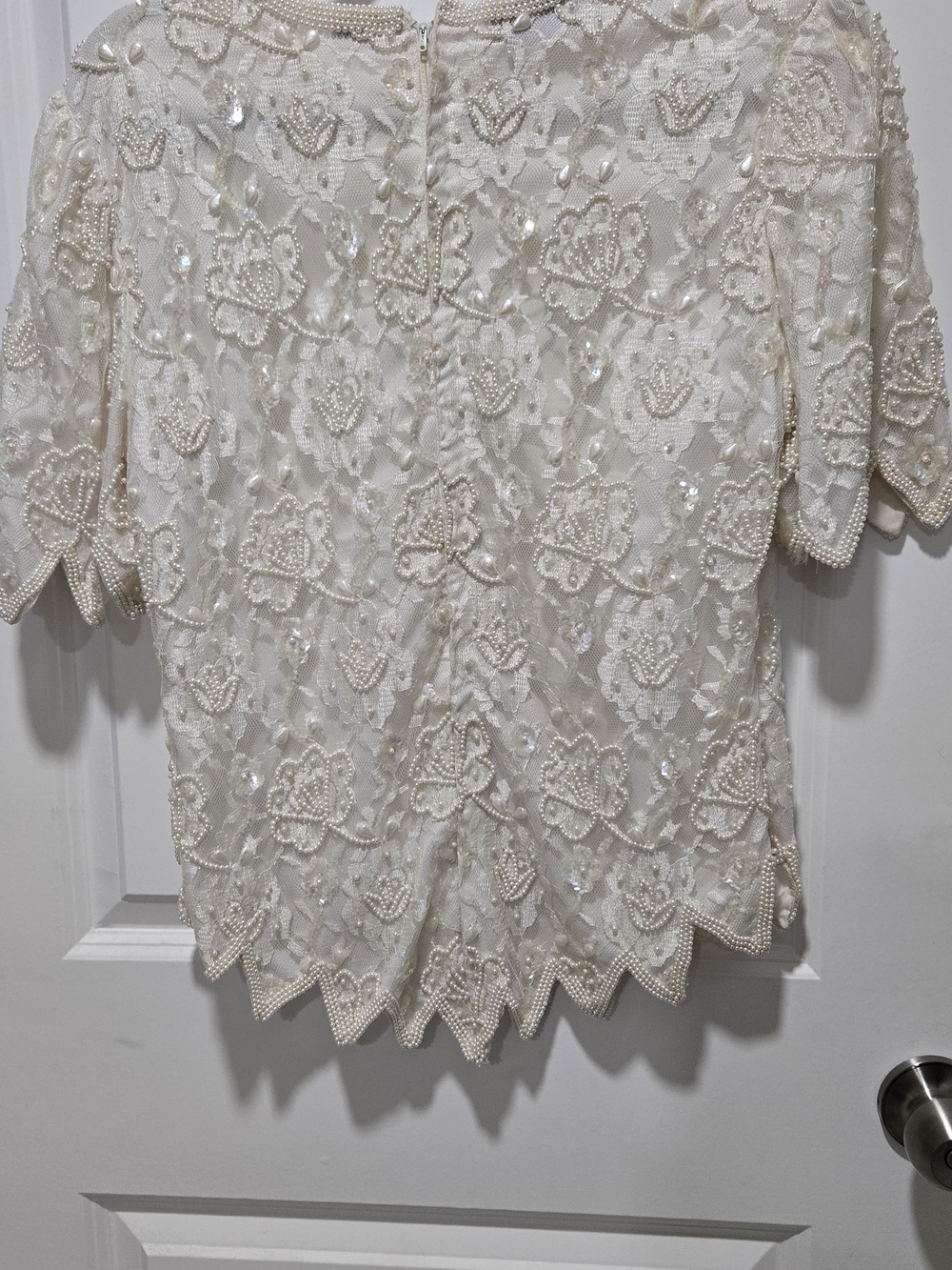Vintage Laurence Kazar Ivory Beaded Lace Short-Sleeve Top-Size L